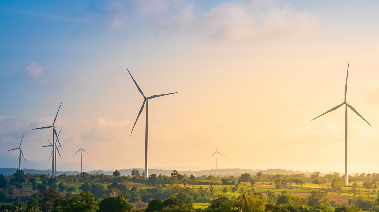 Wind turbines across a rural landscape at sunset, with golden light illuminating green fields and scattered trees.