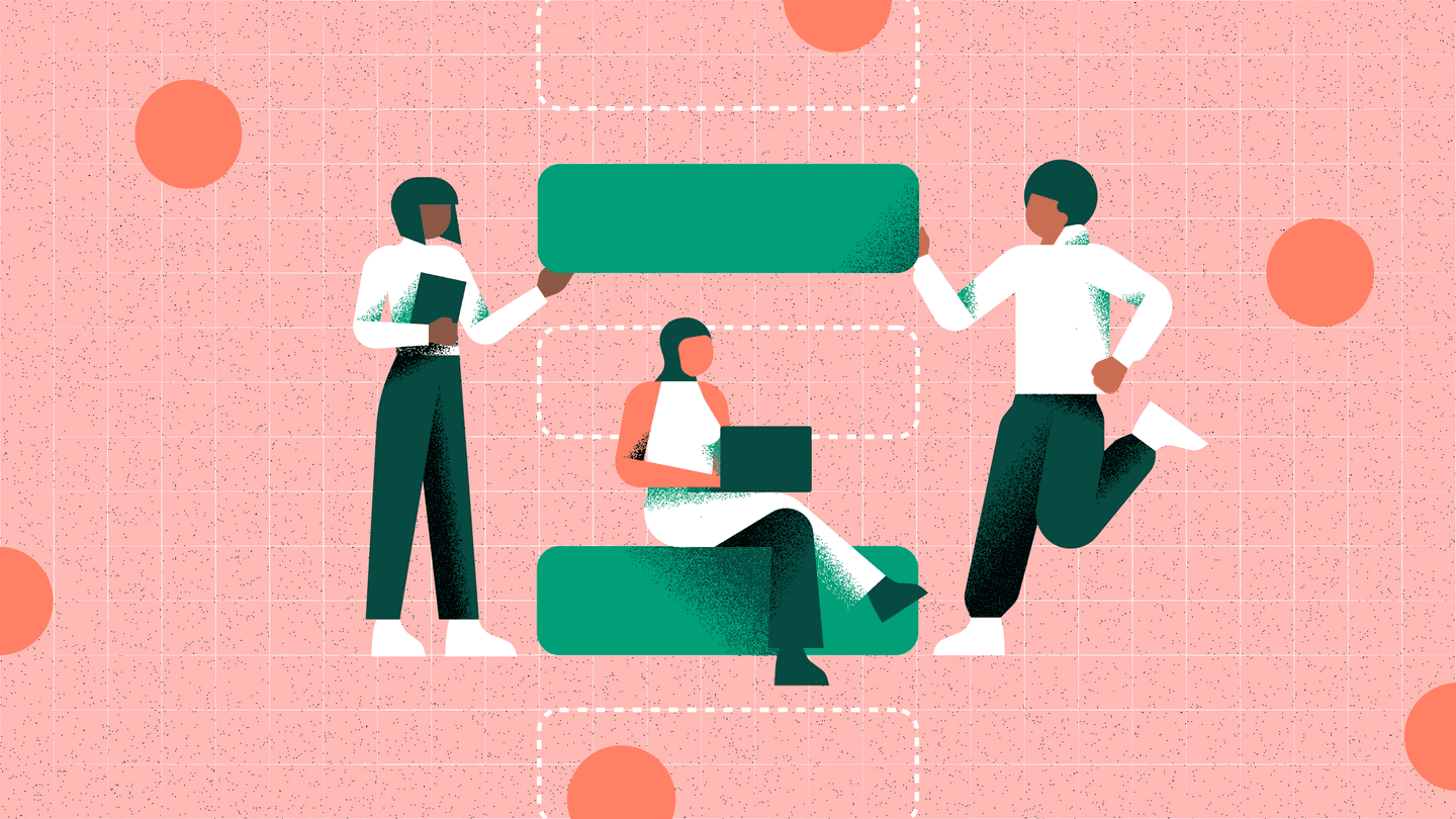 Stylized illustration of three people collaborating on a project with green speech bubbles on a pink textured background.