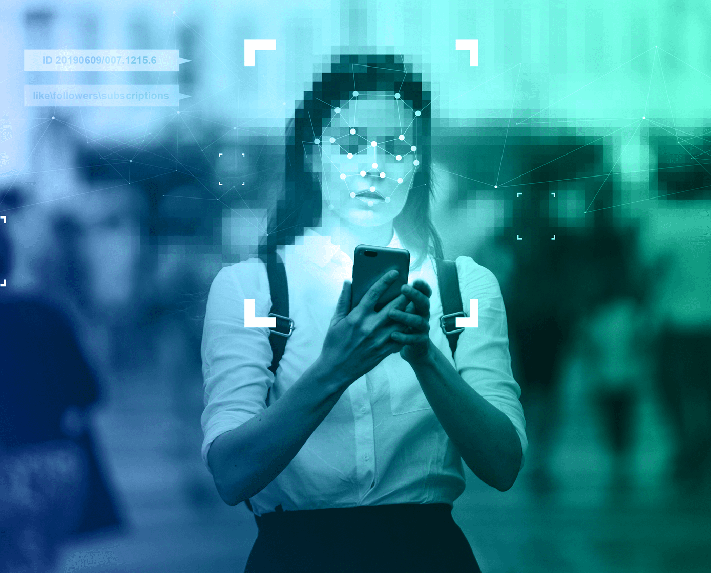 Person using smartphone with facial recognition technology overlay, shown in blue-green digital interface with tracking points.