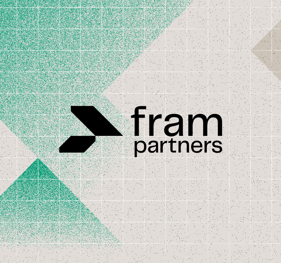 Fram Partners logo with black directional arrow symbol on a textured grey background with teal geometric patterns.
