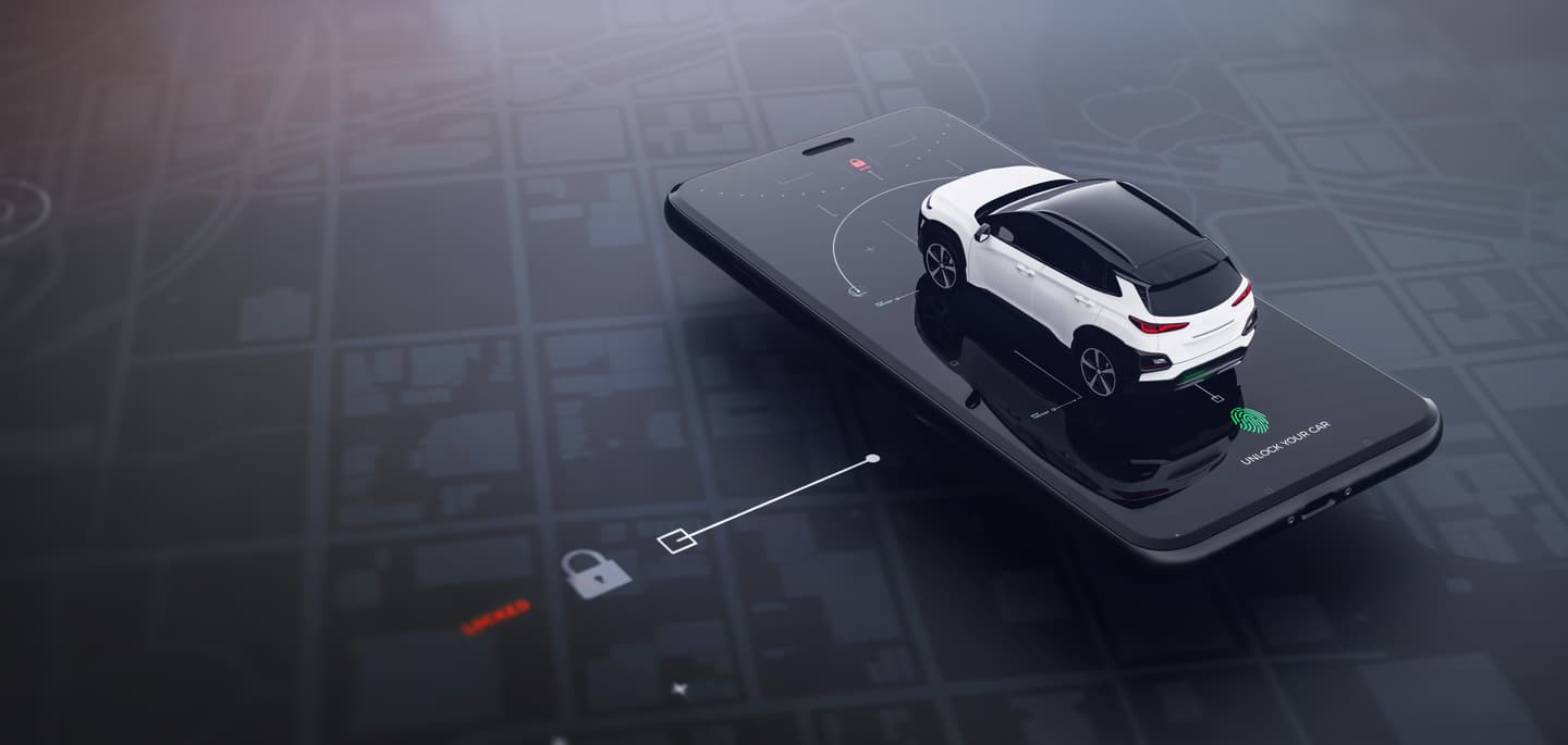 White SUV displayed on smartphone screen with navigation map and "unlock your car" fingerprint interface.