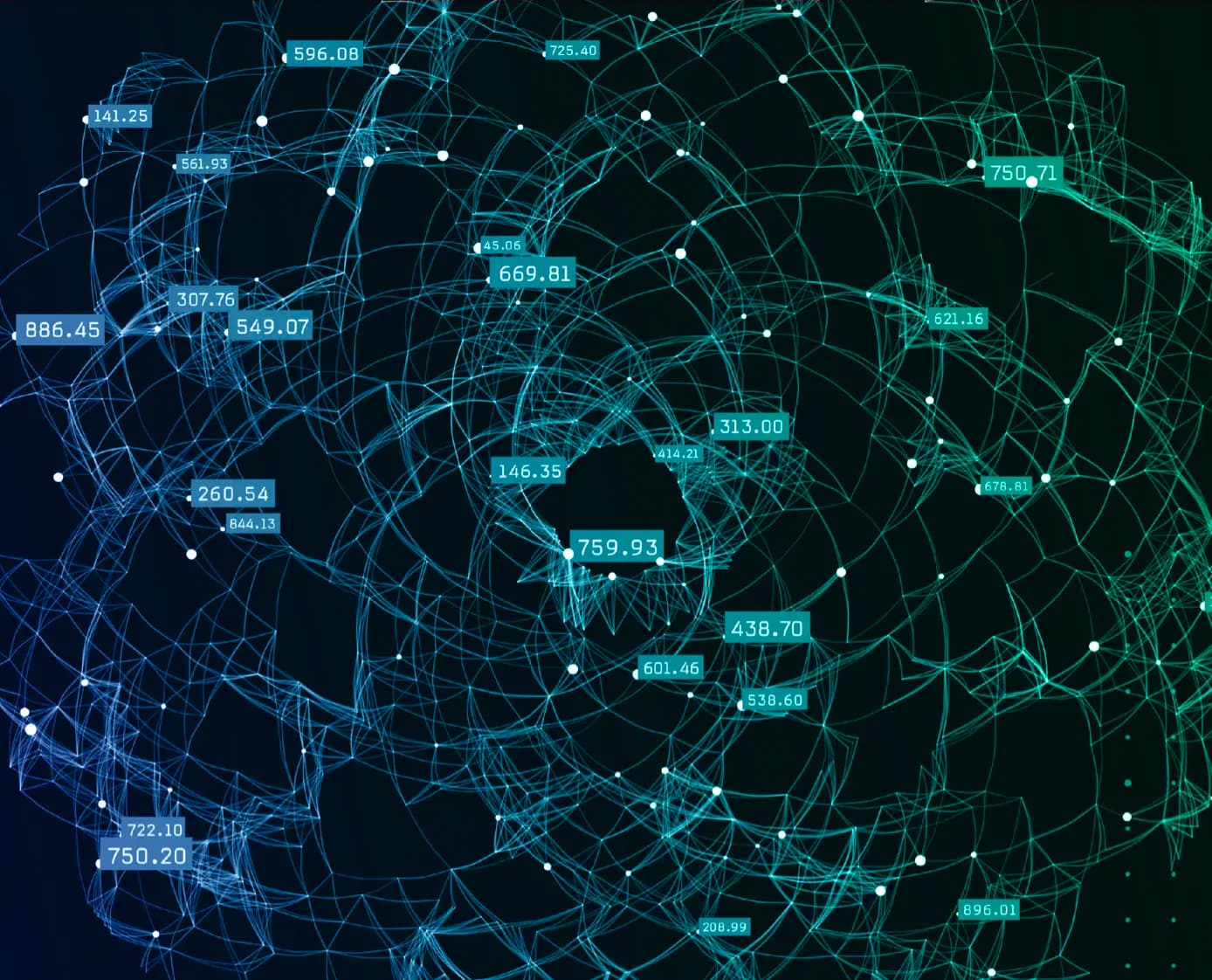 Digital network visualization with blue-green glowing lines connecting nodes, displaying numerical data values across the grid.